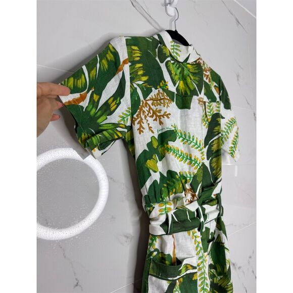 Farm Rio XXS Green white Tropical Leaf Print Jumpsuit Linen Resort Anthropologie - Picture 12 of 16